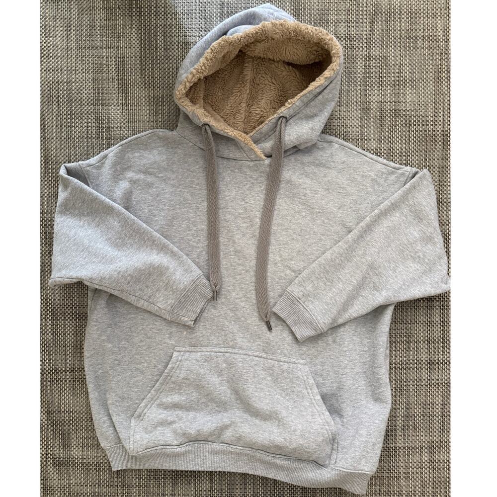 AERIE Heather Gray Oversize/Slouchy Kangaroo Pocket Faux Fur Lined Hoodie M